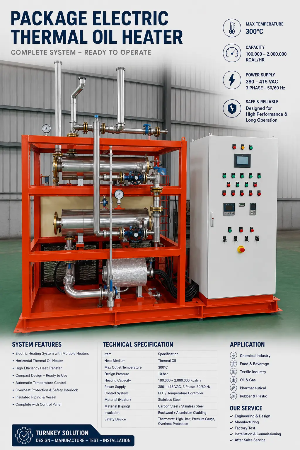Electric Thermal Oil Heater Package System PT Indira Mitra Boiler kapasitas 100.000 hingga 2.000.000 Kcal/jam untuk pemanasan CPO, minyak industri, dan proses heating system