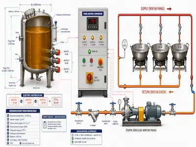 Tangki Minyak SS304 3.000 kg dengan Electric Heater 90 kW dan Pompa Sirkulasi minyak goreng